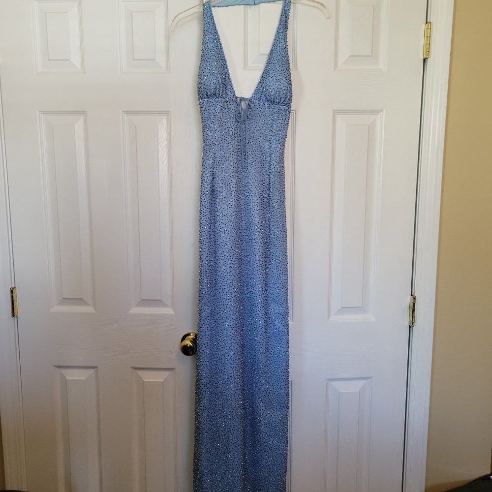 Cache blue sequin prom dress